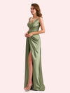 Sexy Spaghetti Straps Side Slit Mermaid Soft Satin Long Matron of Honor Dress For Wedding