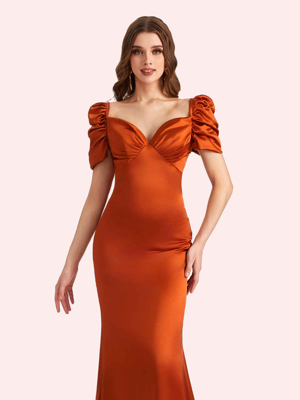 Elegant V-neck Short Sleeves Mermaid Soft Satin Long Matron of Honor Dress For Wedding