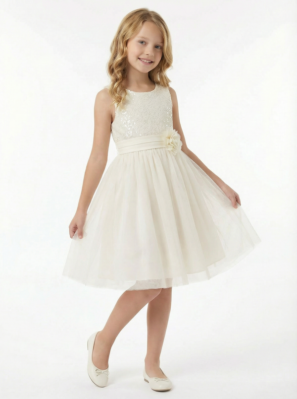 Sequin Bodice A Line Flower Girl Dress with Tulle Overlay Tea Length Party Skirt