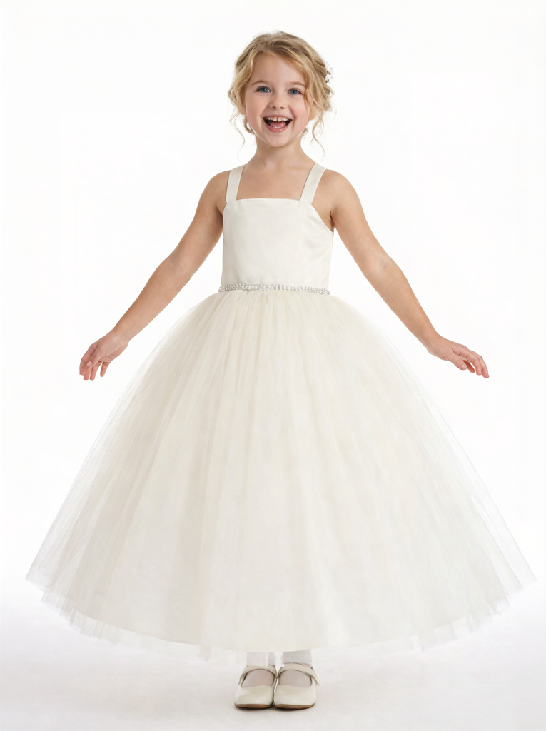 Strap Flower Girl Dress with Square Neck A Line Tulle Skirt Beaded Waist Wedding Gown