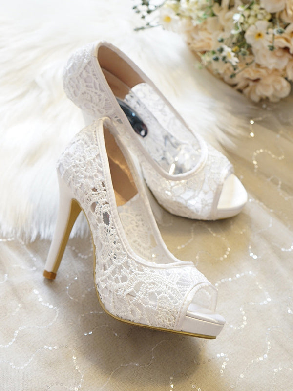 Women's Wedding Shoes Lace High Heel Platform Peep Toe Wedding Heel Elegant Simple Wedding Evening Shoes