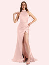 Elegant Halter Sleeveless Mermaid Soft Satin Long Matron of Honor Dress For Wedding