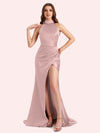 Elegant Halter Sleeveless Mermaid Soft Satin Long Matron of Honor Dress For Wedding