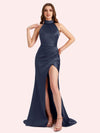 Elegant Halter Sleeveless Mermaid Soft Satin Long Matron of Honor Dress For Wedding