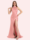 Elegant Halter Sleeveless Mermaid Soft Satin Long Matron of Honor Dress For Wedding