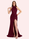 Elegant Halter Sleeveless Mermaid Soft Satin Long Matron of Honor Dress For Wedding