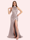 Elegant Halter Sleeveless Mermaid Soft Satin Long Matron of Honor Dress For Wedding