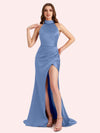 Elegant Halter Sleeveless Mermaid Soft Satin Long Matron of Honor Dress For Wedding
