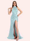 Elegant Halter Sleeveless Mermaid Soft Satin Long Matron of Honor Dress For Wedding