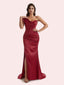 Elegant Mermaid Pleats Side Slit One Shoulder Soft Satin Long Bridesmaid Dress For Wedding