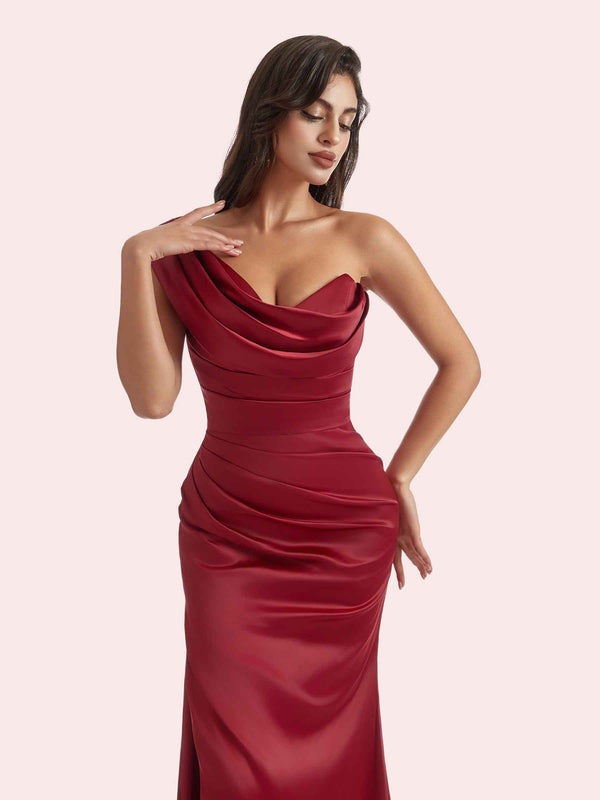 Elegant Mermaid Pleats Side Slit One Shoulder Soft Satin Long Bridesmaid Dress For Wedding
