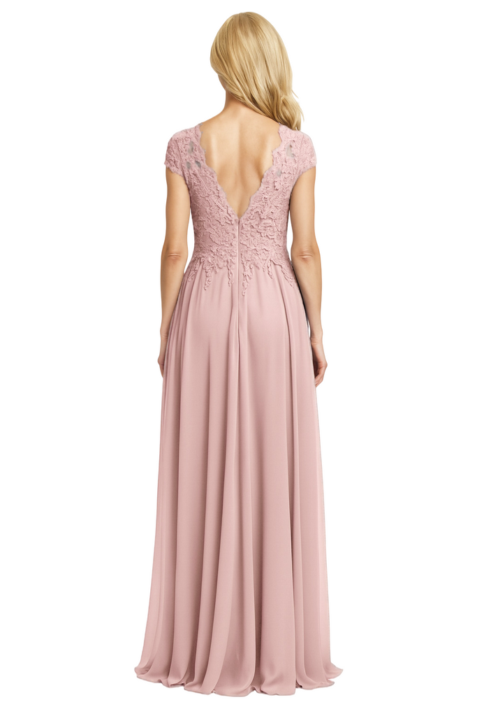 Trendy Chiffon V-Neck Cap Sleeves Lace Long Mother of The Bride Dresses