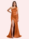 Elegant One Shoulder Side Slit Mermaid Soft Satin Long Matron of Honor Dress For Wedding