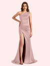 Elegant One Shoulder Side Slit Mermaid Soft Satin Long Matron of Honor Dress For Wedding