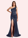 Elegant One Shoulder Side Slit Mermaid Soft Satin Long Matron of Honor Dress For Wedding