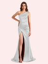 Elegant One Shoulder Side Slit Mermaid Soft Satin Long Matron of Honor Dress For Wedding