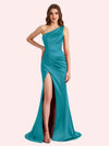 Elegant One Shoulder Side Slit Mermaid Soft Satin Long Matron of Honor Dress For Wedding