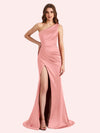 Elegant One Shoulder Side Slit Mermaid Soft Satin Long Matron of Honor Dress For Wedding