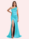 Elegant One Shoulder Side Slit Mermaid Soft Satin Long Matron of Honor Dress For Wedding