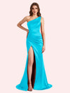 Elegant One Shoulder Side Slit Mermaid Soft Satin Long Matron of Honor Dress For Wedding
