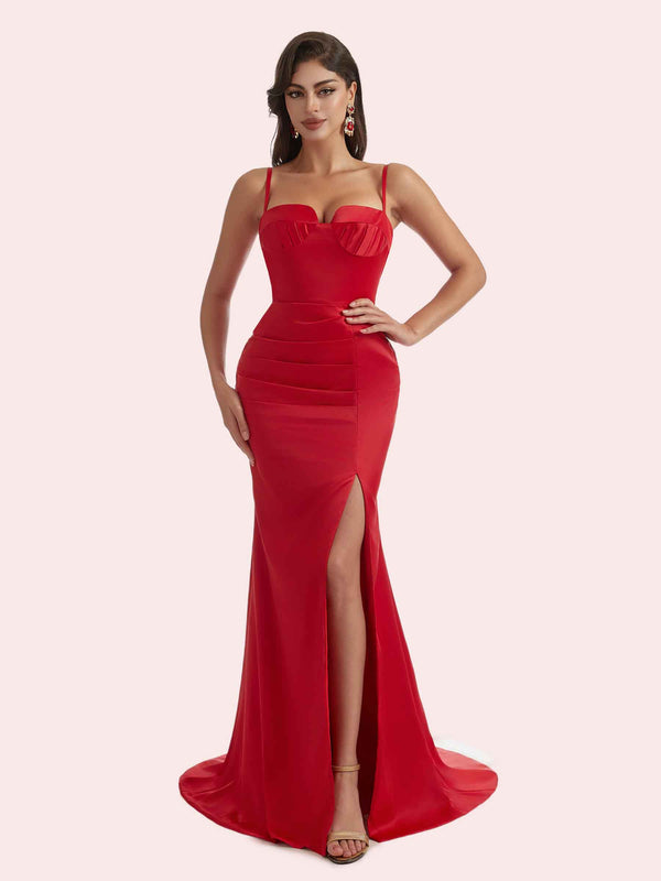 Elegant Mermaid Pleats Side Slit Spaghetti Straps Soft Satin Long Bridesmaid Dress For Wedding