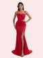 Elegant Mermaid Pleats Side Slit Spaghetti Straps Soft Satin Long Bridesmaid Dress For Wedding