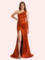 Elegant One Shoulder Side Slit Mermaid Soft Satin Long Matron of Honor Dress For Wedding