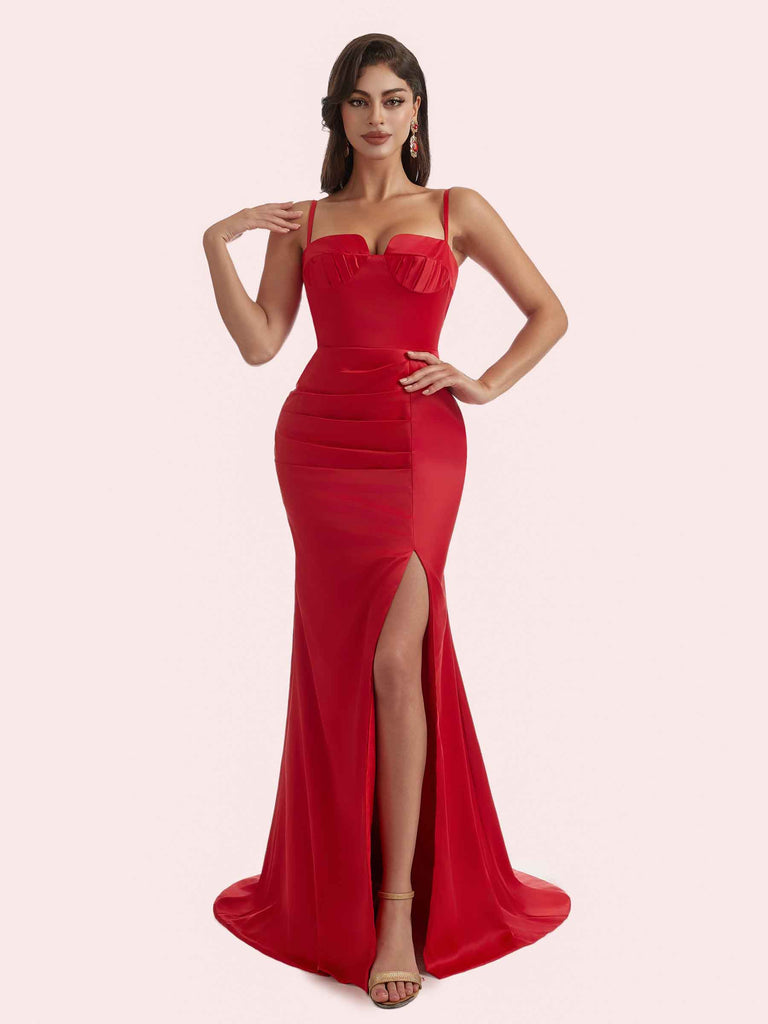 Elegant Mermaid Pleats Side Slit Spaghetti Straps Soft Satin Long Bridesmaid Dress For Wedding Elegant Mermaid Pleats Side Slit Spaghetti Straps Soft Satin Long Bridesmaid Dress For Wedding
