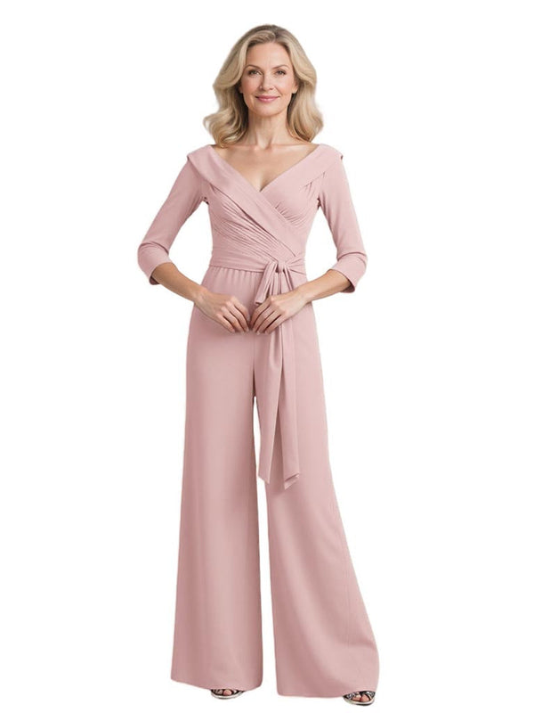 Elegant Chiffon V-neck 3/4 Sleeves Jumpsuit For Mother Of The Bride and Groom