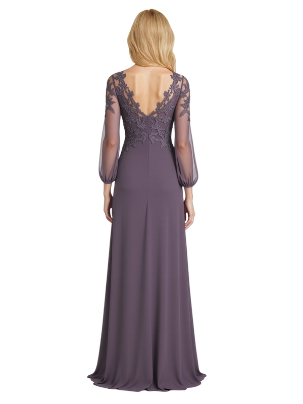 Elegant Long Sleeves Lace Appliques Chiffon A-Line Long Mother Of The Bride Dresses for wedding