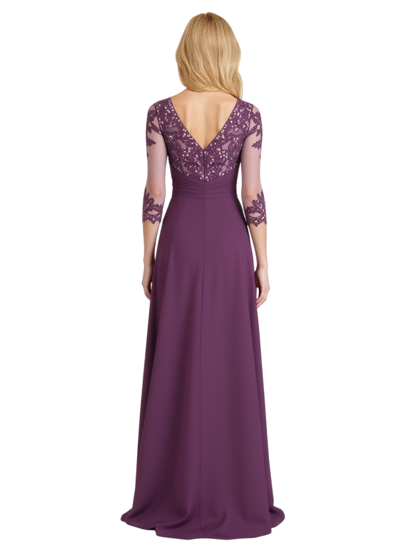 Elegant V-Neck Lace Chiffon Short Sleeves A-Line Floor Length Mother Of The Bride Gowns