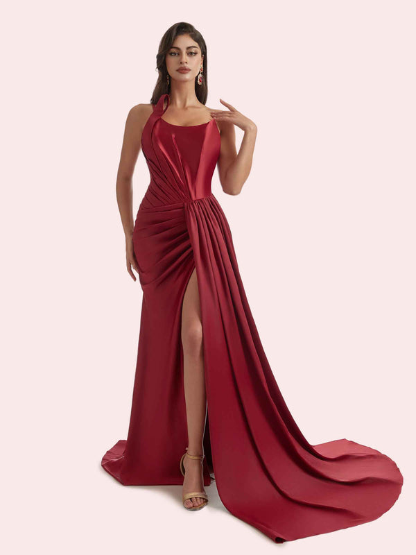 Sexy Mermaid Pleats Side Slit One Shoulder Soft Satin Long Bridesmaid Dress For Wedding