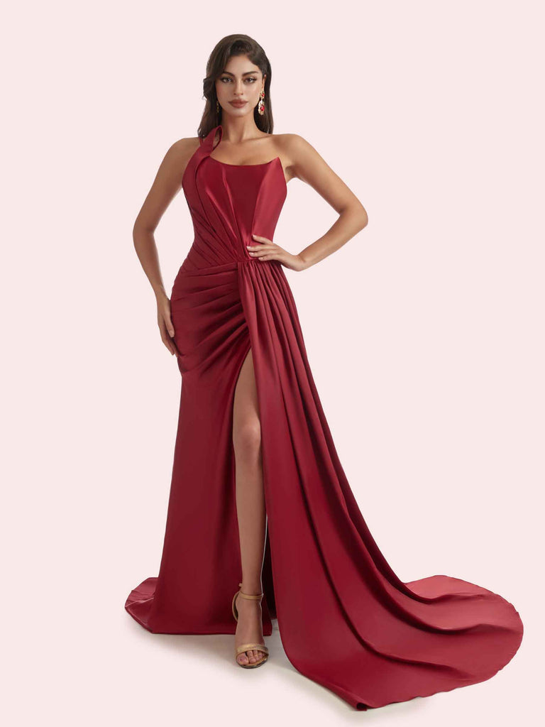Sexy Mermaid Pleats Side Slit One Shoulder Soft Satin Long Bridesmaid Dress For Wedding