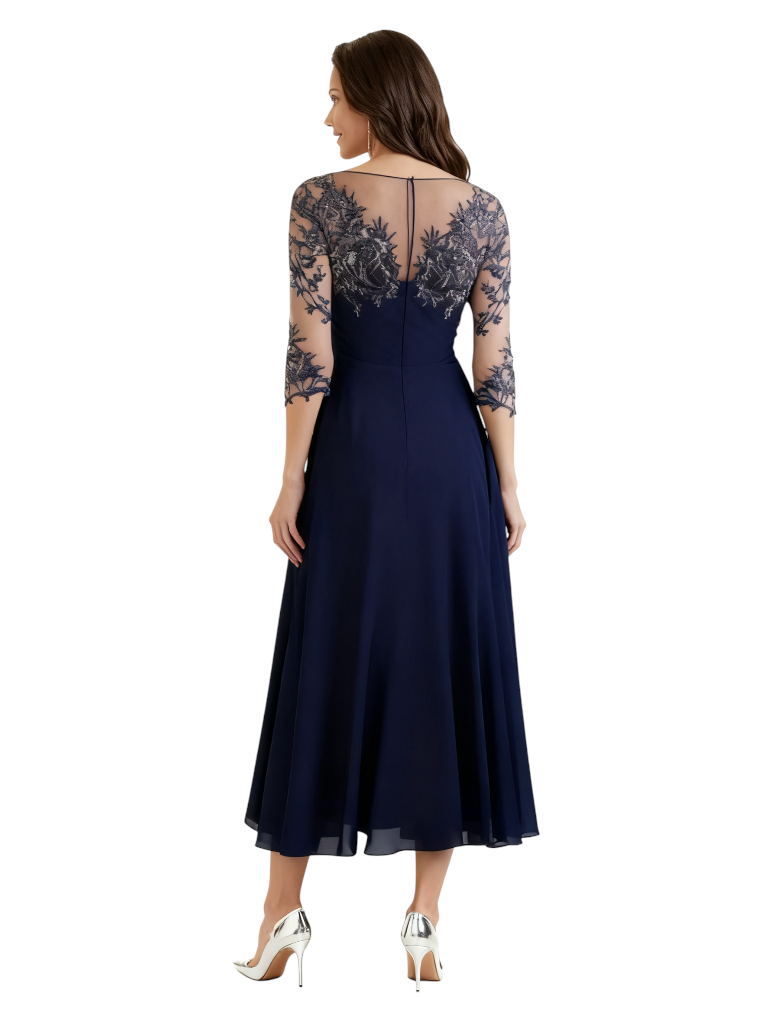 Elegant Chiffon Half Sleeves Lace A-Line Tea Length Mother Of The Bride Dresses