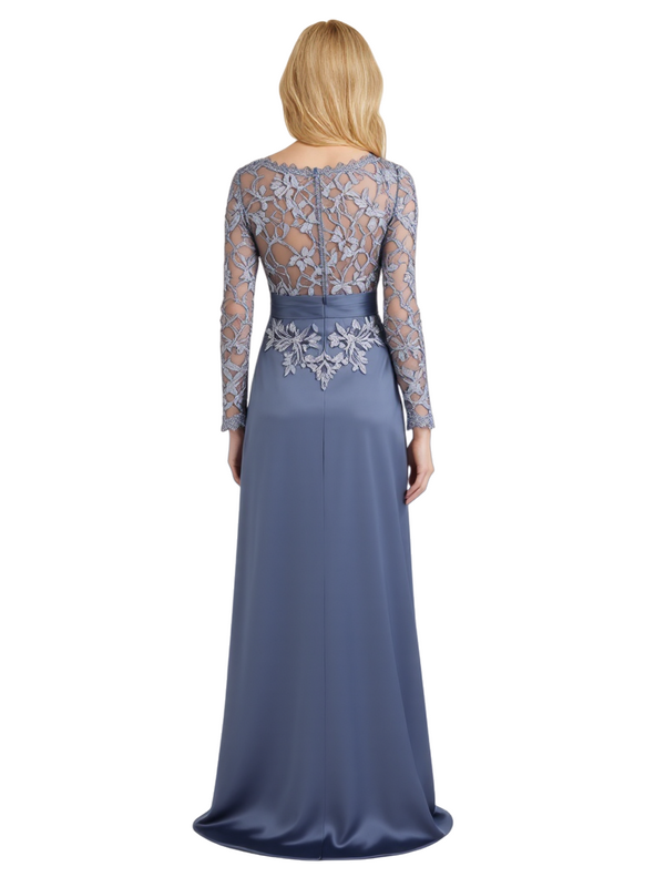 Elegant Square Long Sleeves Lace Satin Floor length Mother of The Bride Dresses For Wedding