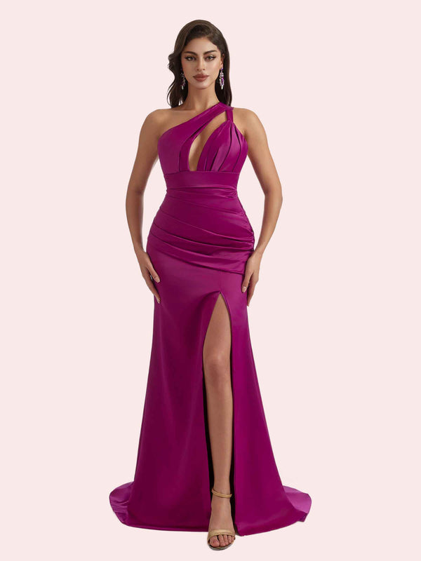 Gorgeous Mermaid Pleats Side Slit One Shoulder Soft Satin Long Bridesmaid Dress For Wedding