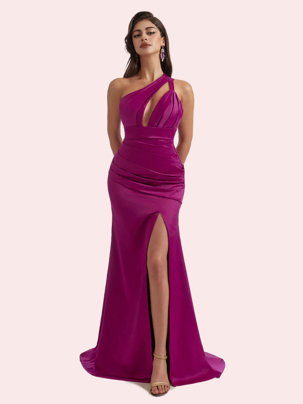 Gorgeous Mermaid Pleats Side Slit One Shoulder Soft Satin Long Bridesmaid Dress For Wedding