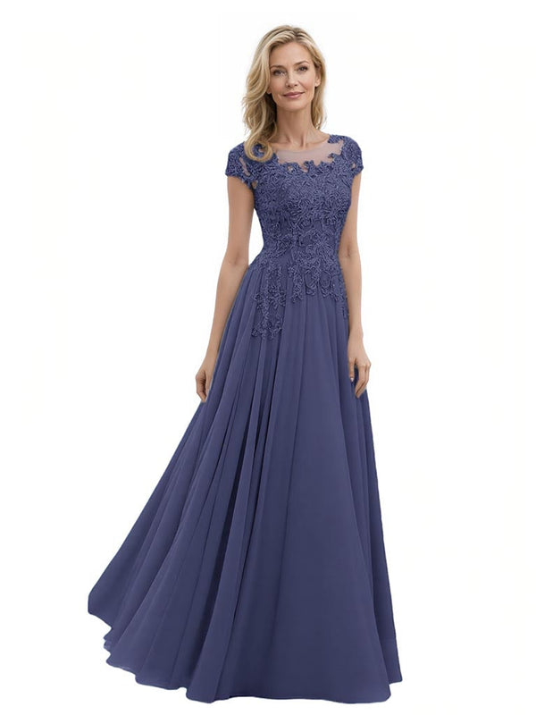 Elegant Lace Applique Cap Sleeves Chiffon A-Line Mother Of The Bride Dresses