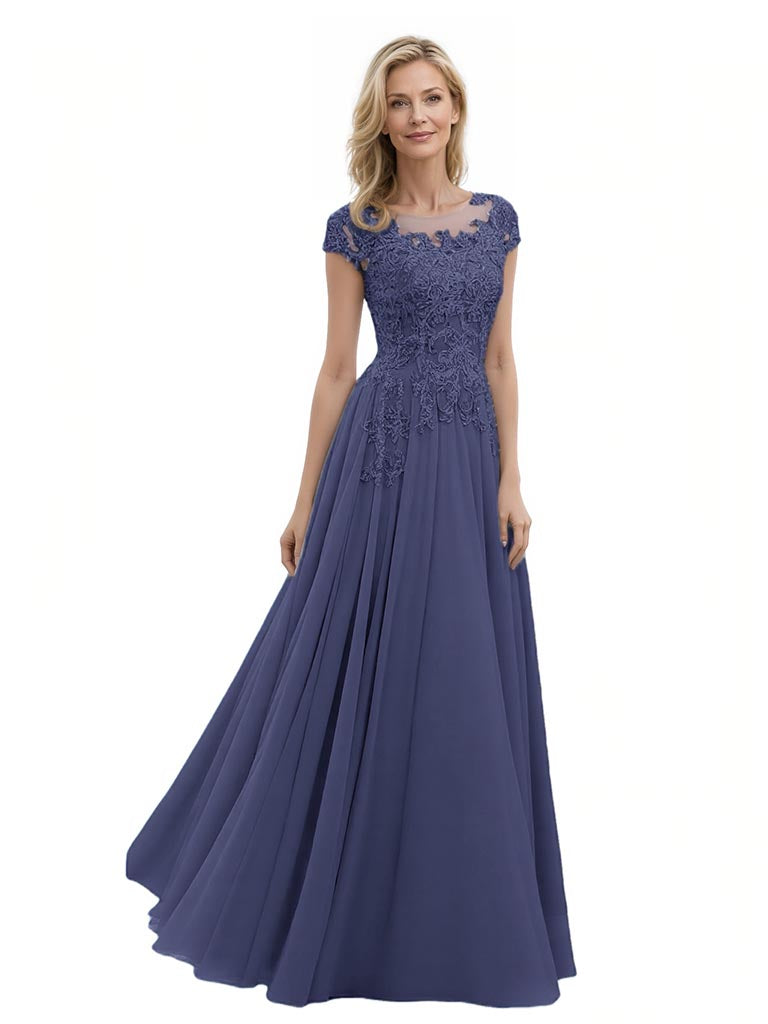 Elegant Lace Applique Cap Sleeves Chiffon A-Line Mother Of The Bride Dresses