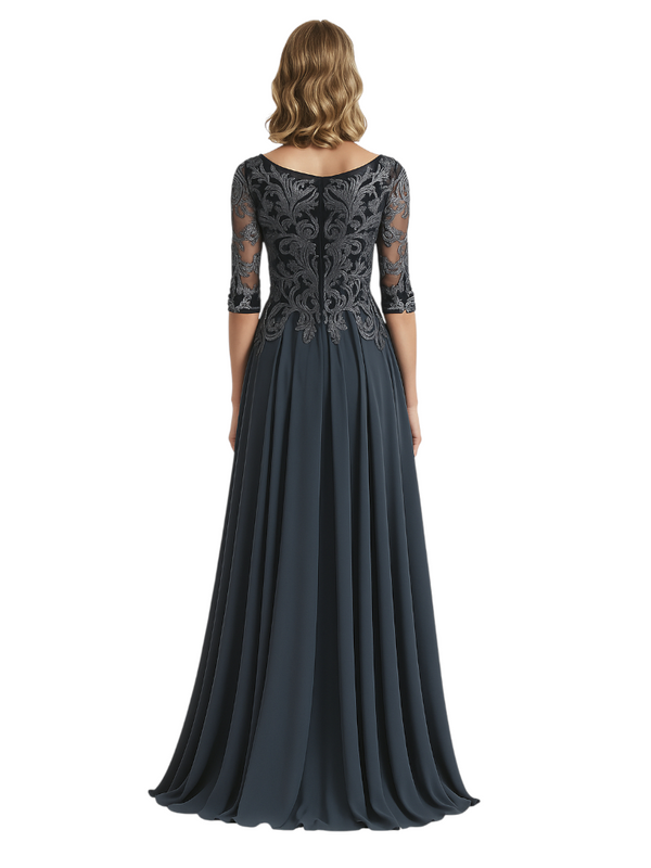 Elegant Scoop Chiffon Short Sleeves Lace A-Line Mother of The Bride Long Gowns