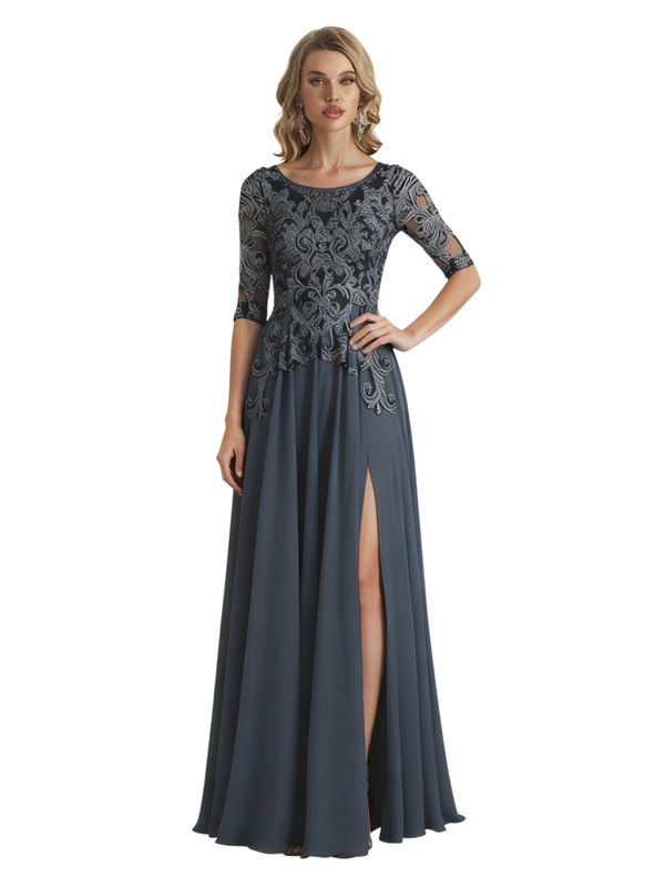 Elegant Scoop Chiffon Short Sleeves Lace A-Line Mother of The Bride Long Gowns