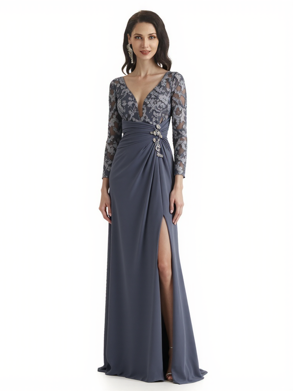 Elegant V-Neck Chiffon Long Sleeves Lace A-Line Floor Length Mother Of The Bride Dresses