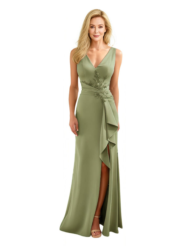 Elegant Lace Beaded Side Slit Ruffles Satin Mermaid Floor-Length Mother of the Bride Dresses