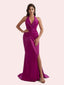 Gorgeous Mermaid Pleats Side Slit Halter Soft Satin Long Bridesmaid Dress For Wedding