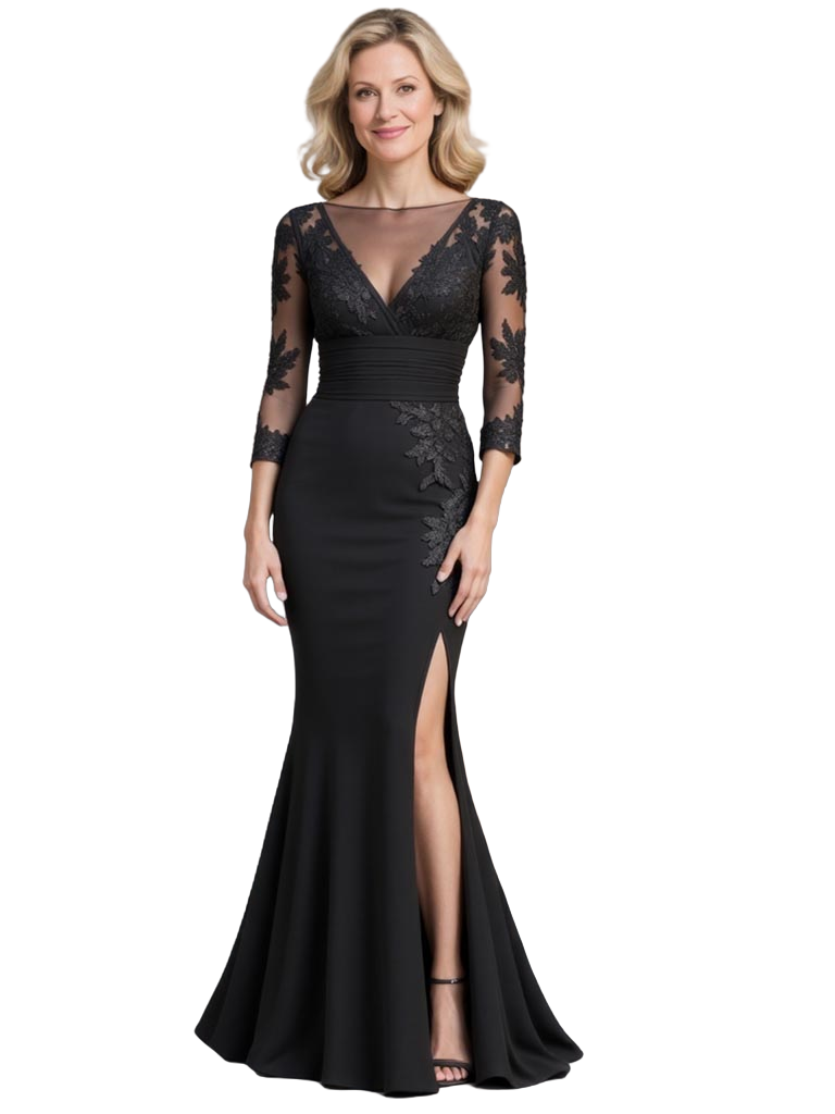 Elegant Long Sleeves Chiffon Side Slit Mermaid Long Mother Of The Bride Dresses