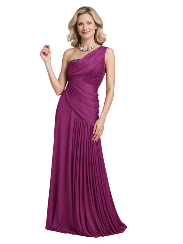 Elegant Satin One Shoulder Ruffle Beaded Mermaid Long Mother of the Bride and Groom Dresses
