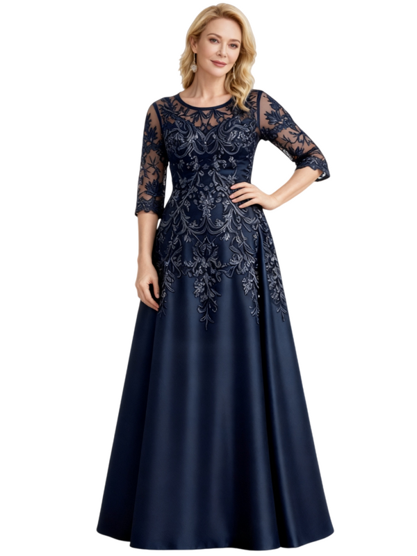 Elegant Half Sleeves Lace Satin A-Line Long Mother of The Bride and Groom Dresses For Wedding