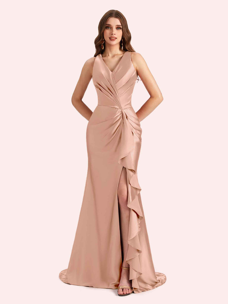 Sexy V-neck Mermaid Side Slit Soft Satin Long Bridesmaid Dress For Wedding Online For Sale