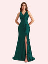 Sexy V-neck Mermaid Side Slit Soft Satin Long Bridesmaid Dress For Wedding Online For Sale