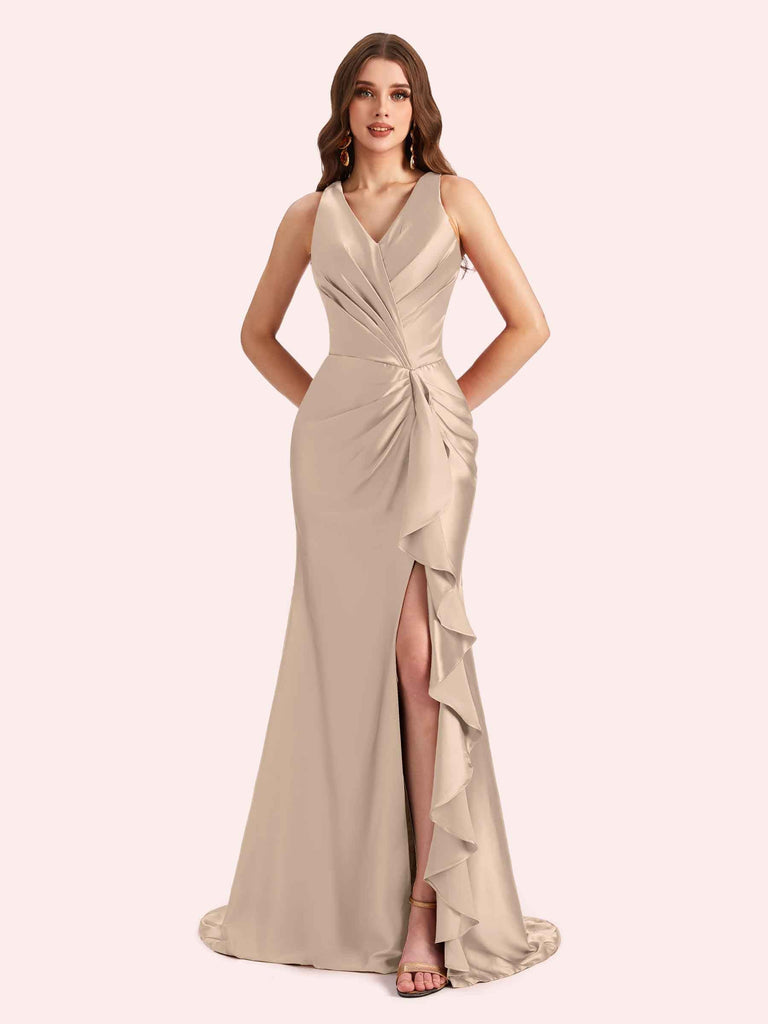 Sexy V-neck Mermaid Side Slit Soft Satin Long Bridesmaid Dress For Wedding Online For Sale